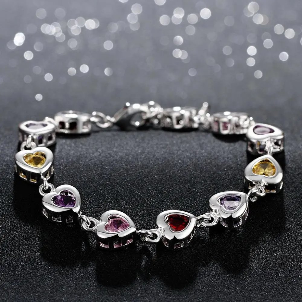 Beautiful Multi - Colored Heart Style Ladies Bracelet .925 Solid Sterling Silver - Picture 3 of 6